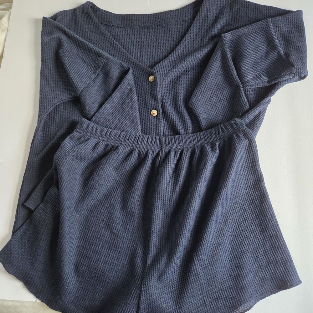 Navy Women's Waffle Knit PJ'S Size L Short Bottoms Long Sleeve Top